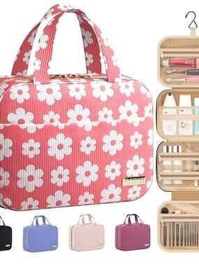 Hanging Travel Toiletry Bag Women Men Essentials Pink White Daisy